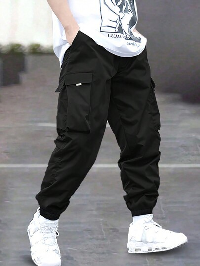 1 pièce Pantalon décontracté pour ado garçon, taille élastique, poches décoratives, liens à la cheville. Pour l'exercice en extérieur, printemps/été/automne/hiver