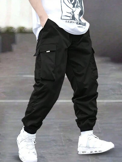 1pc Teen Boy Casual Elastic-Waist Pocket Decorative Ankle-Tied Pants, For Outdoor Exercise, Spring/Summer/Autumn/Winter