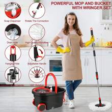 Spin Mop And Bucket With Wringer Set On Wheels, 360 Spinning Mop With Stainless Steel Handle For All Hard Surfaces, Floor Cleaning System With 3 Microfiber Replacement Heads, Black/Red - Black - View 10