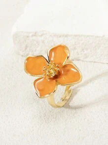 1pc Elegant Floral Enamel Open Ring, Fashionable & Chic, Suitable For Spring/Summer Everyday & Holiday Wear, Available In White, Green, Pink, Burgundy, Purple, Orange, Blue - Four-petal Flower Oil Drop Ring - View 4