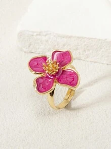 1pc Elegant Floral Enamel Open Ring, Fashionable & Chic, Suitable For Spring/Summer Everyday & Holiday Wear, Available In White, Green, Pink, Burgundy, Purple, Orange, Blue - Four-petal Flower Oil Drop Ring - View 2