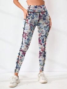 Women High Waist Floral Print, Side Pocket Fitted Running Leggings, Yoga Sports Tights