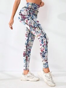 Women High Waist Floral Print, Side Pocket Fitted Running Leggings, Yoga Sports Tights