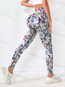 Women High Waist Floral Print, Side Pocket Fitted Running Leggings, Yoga Sports Tights