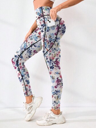 Women High Waist Floral Print, Side Pocket Fitted Running Leggings, Yoga Sports Tights