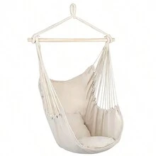 Hammock Chair Macrame Swing,Distinctive Cotton Canvas Hanging Rope Chair With Pillows For Indoor And Outdoor Use - White - View 2