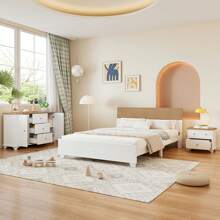 Sweiko Sweiko Complete slaapkamerset, 3-delig. Modern tweepersoonsbed + nachtkastje + ladekast, tweepersoonsbed 160x200cm met middenvoet, nachtkastje met 2 lades, ladekast met 3 lades en 2 deuren, wit + naturel