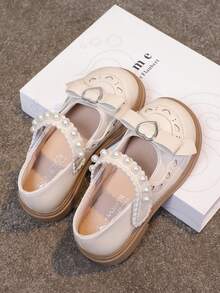 1對女童珍珠裝飾PU皮革休閒平底鞋，採用勾環設計，適用於秋季 - 米色 - 查看 6