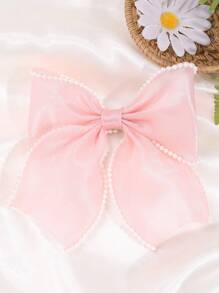 1 件女童粉白色蝴蝶结发夹，带珍珠边缘的优雅蕾丝蝴蝶结发夹，女童节日婚礼派对日常带尾巴的鳄鱼夹，儿童发饰（产品不含卡片）