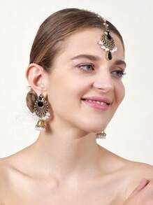 Set de 3 piezas Nuevo Estilo Bohemio Conjunto de Joyería de Mujer: 1 pieza Cadena de Frente Decorada con Rhinestones de Vidrio en Verde/Rojo/Negro1 piezaar de Aretes con Forma de Campana Elegantes, Regalo de Navidad Perfecto para Amigos