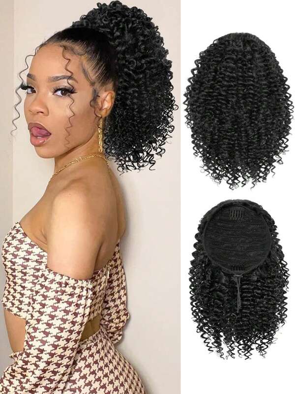 Short Kinky Curly Ponytail Extension, 14 Inch Natural Drawstring With Two Clips, Synthetic Afro Women