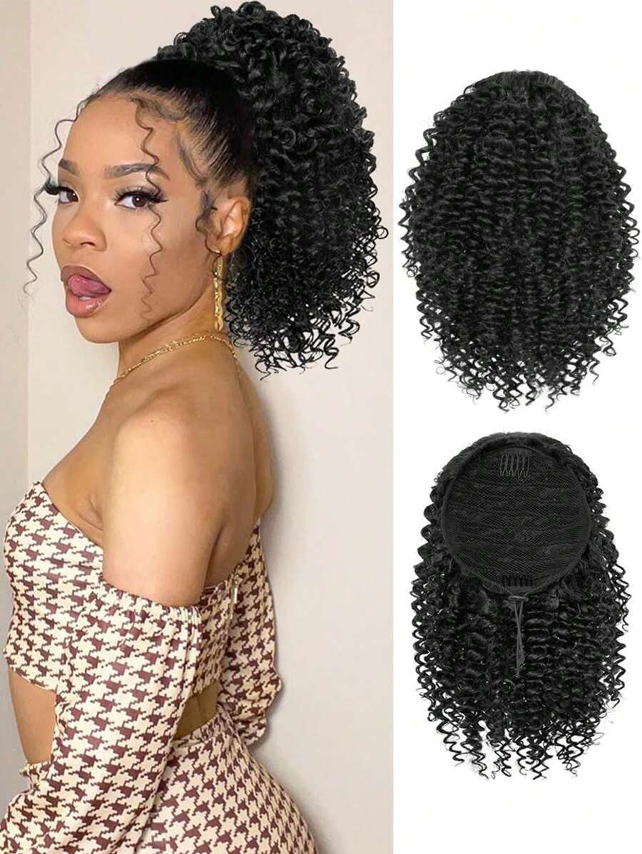 Extensión de cola de caballo corta rizada y áspera, de 14 pulgadas de longitud con cordón natural y dos clips, sintética para mujeres afro - Negro - Ver 1