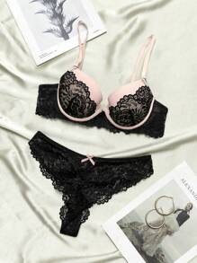 مجموعة من قطعتين، سدادة صدر ذات حافة معدنية وسروال داخلي من القماش والدانتيل للملابس الداخلية للسيدات - الأسود - مشاهدة 2