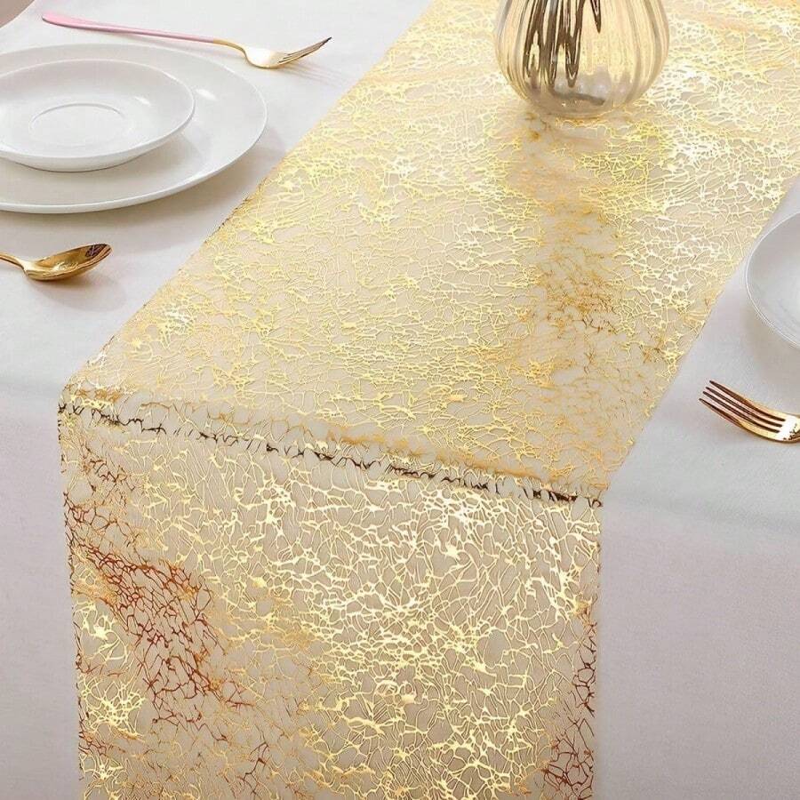 1 Roll Of Hot Stamping Mesh Table Runner, Simple & Modern High-End Style For Party, Outdoor Dining, Wedding, Living Room, Kitchen, Restaurant Table Decoration - Gold - View 1