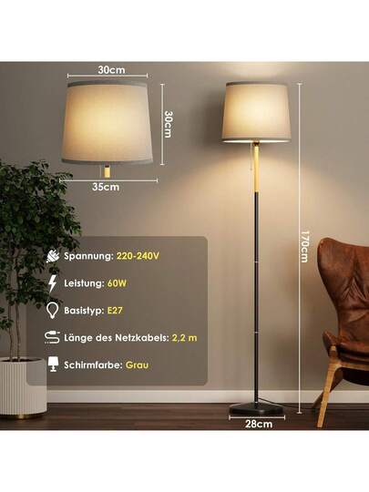 Vloer Lamp Linen Lampshade, E27 Base, Max. 60W, Living Room Lamp, Fabric Shade 170cm Height Room, Bedroom, Study, Office, out Bulb view 2