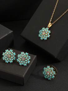 3 peças/conjunto Hot Sall requintado colar com pingente de flor turquesa azul + brincos + conjunto de anéis de alta qualidade adequado para mulheres festa banquete casamento joias brilhantes acessórios namorados