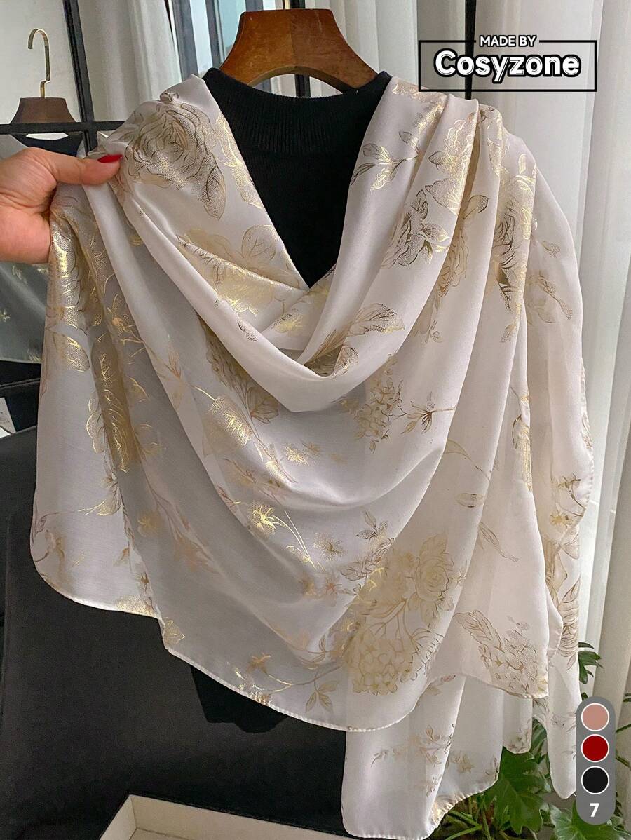 1pc Elegant Floral Foil Print Linen Scarf For Women, Summer Sunscreen Beach Shawl Accessory - Multicolor - View 1