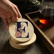 1pc Alphabet Painted Bamboo Coaster, Non-Slip Heat-Resistant Mat, Home Dining Decor, Gift Accessory Set
