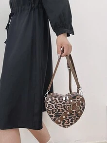 1 件棕色 PU 豹纹心形斜挎包，适合女性日常使用、通勤、购物、旅游、度假、聚会、生日、时尚潮流个性 - 彩色 - 查看 3