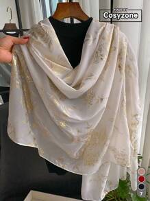 1pc Elegant Floral Foil Print Linen Scarf For Women, Summer Sunscreen Beach Shawl Accessory - Multicolor - View 7