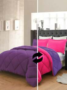 3PC Reversible 2-Tone Comforter Set With 2 Pillow Shams - 2 Different Colors! Duvet Insert - Purple & Hot Pink - View 1