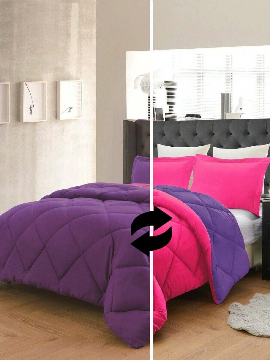 3PC Reversible 2-Tone Comforter Set With 2 Pillow Shams - 2 Different Colors! Duvet Insert - Purple & Hot Pink - View 1