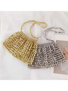 Sac à main de soirée en or métallique brillant et ajouré, perlé, de luxe, élégant et glamour, parfait pour une fête, un mariage, un bal de promo ou un dîner/banquet, pour les jeunes filles, les femmes et les mariées - Doré - Voir 4