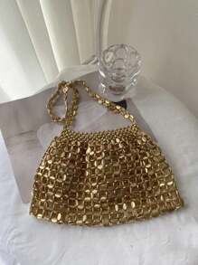 Sac à main de soirée en or métallique brillant et ajouré, perlé, de luxe, élégant et glamour, parfait pour une fête, un mariage, un bal de promo ou un dîner/banquet, pour les jeunes filles, les femmes et les mariées - Doré - Voir 2