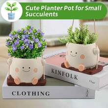 1入光澤搖擺笑臉盆栽花盆，小型室內外掛盆，可愛的多肉植物掛花盆，適用於串珠植物，愉悅的樹脂多肉植物盆 - 多色 - 查看 5