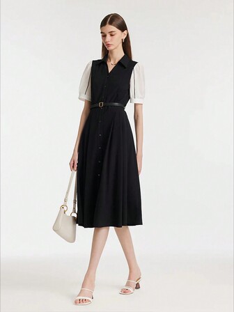  GOELIA Commute Patchwork V-Neck Women Midi Shirt Dress With Belt,Black And White Patchwork Waist-Cinching Dress.