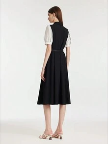 GOELIA 通勤拼接 V 领女式中长衬衫连衣裙（配腰带），黑白拼接收腰连衣裙。