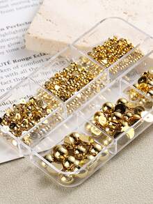 Medias esferas doradas para uñas, cuentas pequeñas, perlas planas con respaldo de cristal de cuarzo para decoración de uñas y manicura, accesorios DIY, joyería de uñas, adornos Y2K para chicas a la moda - Dorado - Ver 5