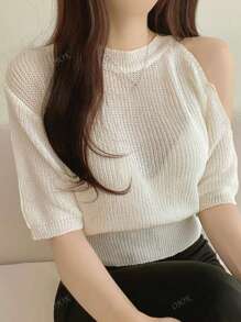 Summer Off-Shoulder Sheer Knit Round Neck Top