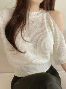Summer Off-Shoulder Sheer Knit Round Neck Top
