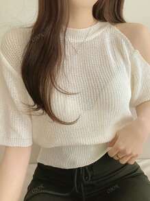 Summer Off-Shoulder Sheer Knit Round Neck Top
