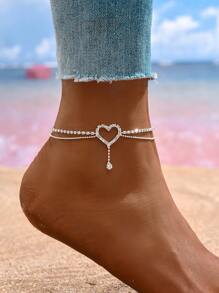 1pc Fashionable Sparkling Sexy Random Micro-Inlaid Rhinestone Hollow Heart Water Drop Pendant Anklet For Women, Suitable For Festivals, Parties And Daily Wear (Special Craftsmanship, Please Do Not Pull Forcefully) - Silver - View 2