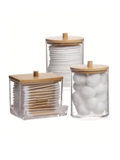 1/3PCS Clear Acrylic Bathroom Canister With Bamboo Lids Qtip Holder, Clear Small Swab Dispenser, Plastic Ear Stick Swabs Holder, Toothpick Storage Container, Bathroom Countertop Decorative Storage Organizer Modern Vanity Storage Jars For Cleaning Swabs, Balls And Pads, Decorative Q-Tip Holder Organizer For Countertop, Elegant And Functional Bathroom Accessory, Ideal For Home And Spa, Maintain A Clean And Organized Bathroom Vanity.