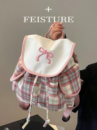 1 peça mochila rosa de cordão xadrez FEISTURE para meninas, adequada para compras, encontros, presentes para mulheres, ótima para adolescentes, estudantes universitários, novatas e trabalhadoras de escritório, ideal para escritório, escola, trabalho e deslocamentos