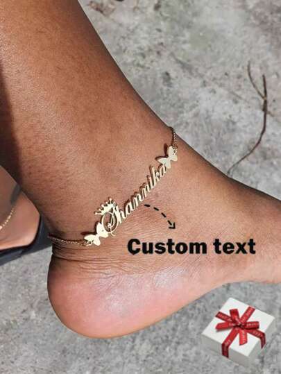 Butterfly Pendant Name Heart Charm Anklet, Custom Stainless Steel Personalized Engraved Arabic Initial Nameplate Foot Chain, New Arrival Gold Stylish,Fall Fashion,Casual,Cuties,Contracted,Simple,Old Money Custom,Personalized,Unique Ideal Gifts For Her Girlfriend,Mom,Family,Friends,Daughter,Grandparents For Anniversaries,For Valentine's Day,For Mother's Day,For Birthdays,For Graduation,For Weddings,For Daily Wear Valentines,Customized Anklets, Waist Chains & Belly Button Studs,Street Casual Chic