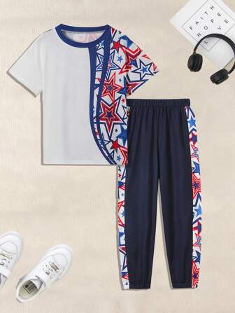 男童夏季短袖長褲星星獨特風格運動套裝，新潮酷炫休閒透氣休閒風格