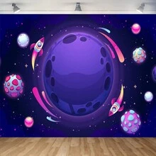 1pc Purple Moon Astronaut Themed First Birthday Party Photography Backdrop Background Cloth - Multicolor - View 15