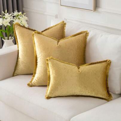 1pc Plain Cushion Cover Without Filler, With Tassel Velvet Pillowcase For Sofa, Home Decoration