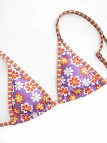 New Arrival Ditsy Floral Double-Strap Backless Tie-Up Bikini Set, Cute And Stylish For Women's Summer Beach Vacation Swimwear