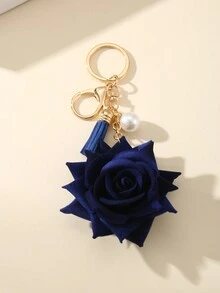 1入組女士鑰匙扣，配有人造絨面玫瑰花、流蘇和人造珍珠，適合搭配不同服飾，在包包、后背包、斜跨包上掛飾，是母親節送給媽媽的絕佳禮物 - 深藍 - 查看 2