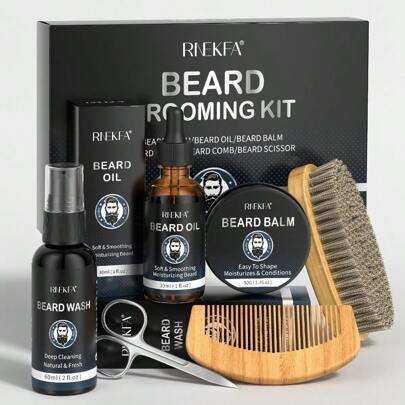 Men's Beard Grooming Kit For Men, Beard Oil, Beard Balm, Beard Brush, Comb, Scissor, Storage Bag, Beard Care & Trimming Set, Mustache Gift For Him Dad Boyfriend Birthday Gift Father's Day Gift