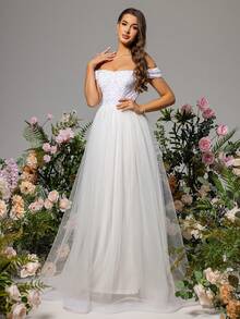 White Off-Shoulder Sequin Mesh Evening Party Dress - White - View 2