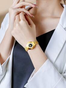 Creative Fashionable Elegant Analog Quartz Wrist Watch With Stainless Steel Strap For Women Golden Watches, Ideal Choice For Gifts - Black - View 8