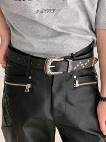 1条男士Y2K复古西部风格星形铆钉腰带，适合S码，时尚配饰，适合日常穿搭，夏季、秋季、万圣节、秋冬季均可佩戴，适合青少年、青年、男士，休闲、户外、运动、度假、毕业礼物、生日礼物、日常穿着 - 黑色 - 查看 6