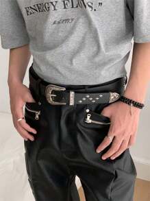 1条男士Y2K复古西部风格星形铆钉腰带，适合S码，时尚配饰，适合日常穿搭，夏季、秋季、万圣节、秋冬季均可佩戴，适合青少年、青年、男士，休闲、户外、运动、度假、毕业礼物、生日礼物、日常穿着 - 黑色 - 查看 4