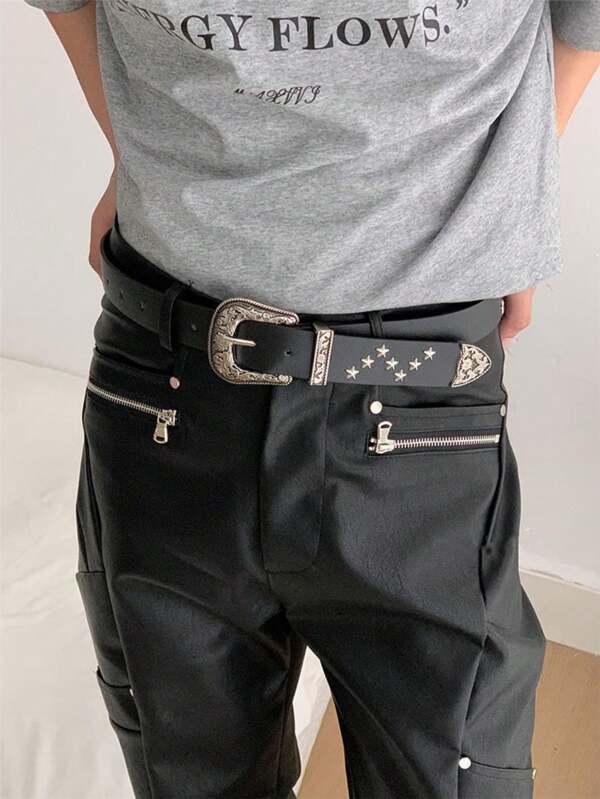 1pc Men's Y2K Retro Western Style Star & Rivet Studded Waist Belt For S, Fashion Accessory Suitable For Everyday Outfits Summer, School Fall, Autumn, Halloween Autumn-Winter Accessories,Suitable For Teens, Youth,Men,Casual, Outdoor, Athletic, Vacation, Graduation Gifts, Birthday, Daily Wear